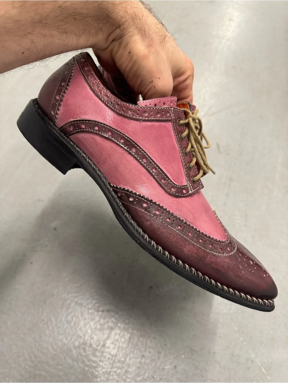 Michele Olivieri Men's Two-Tone Burgundy and Pink Wingtip Oxfords Men’s 9.5